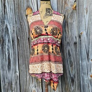 Halter Top Size M Beaded V-Neck Tank Orange Brown Stripe Print Lightweight